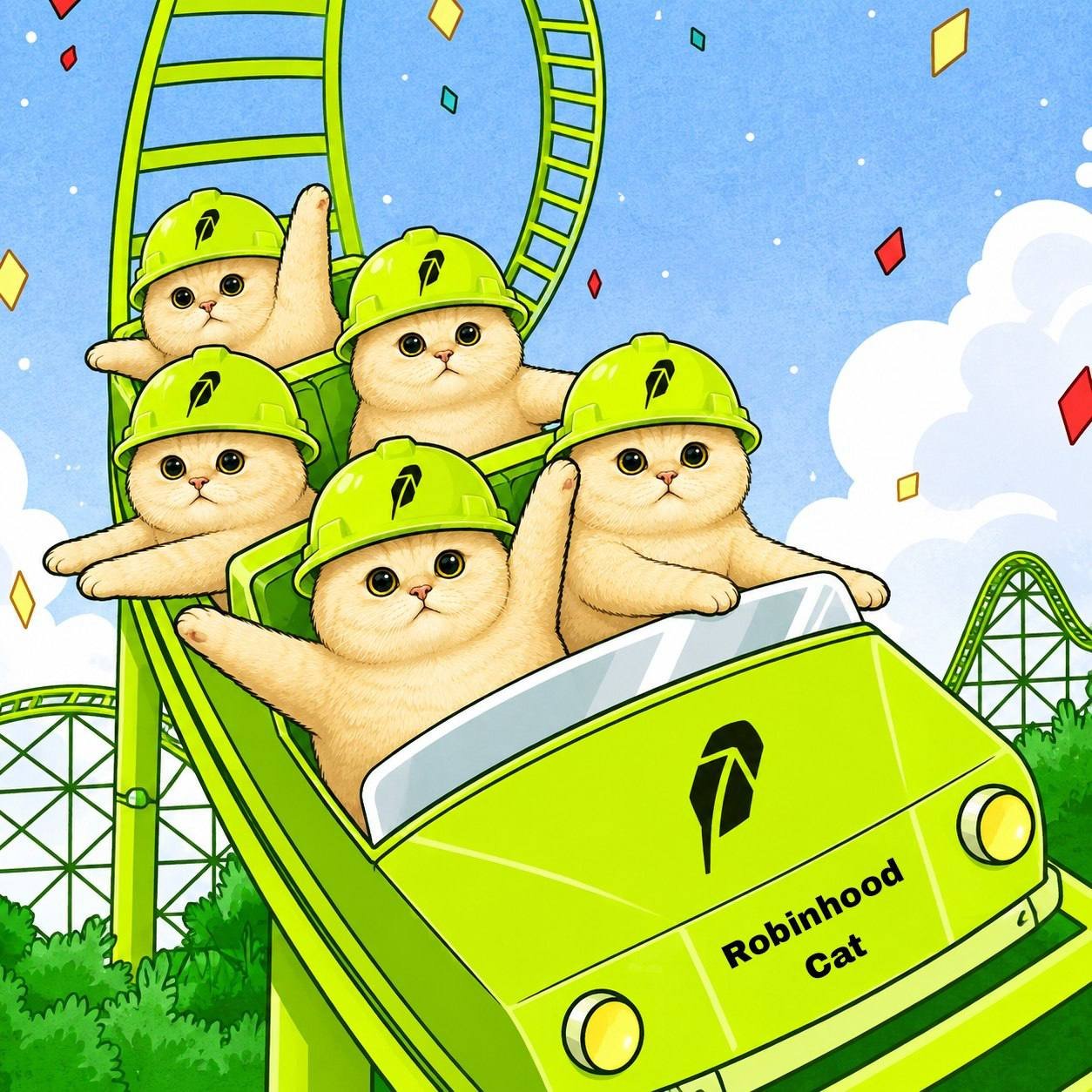 RobinhoodCat crew riding a green roller coaster